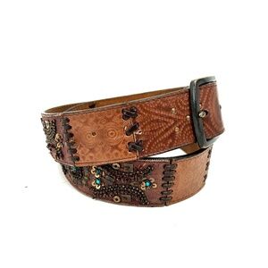 FOSSIL Brown Leather Tooled Beaded Boho Patchwork Western Belt Size Large